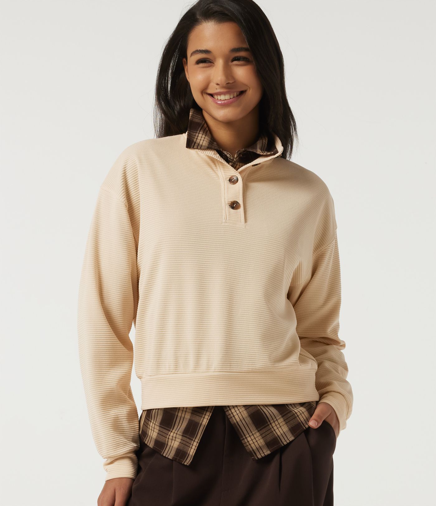 Mock Neck Long Sleeve Waffle Casual Sweatshirt