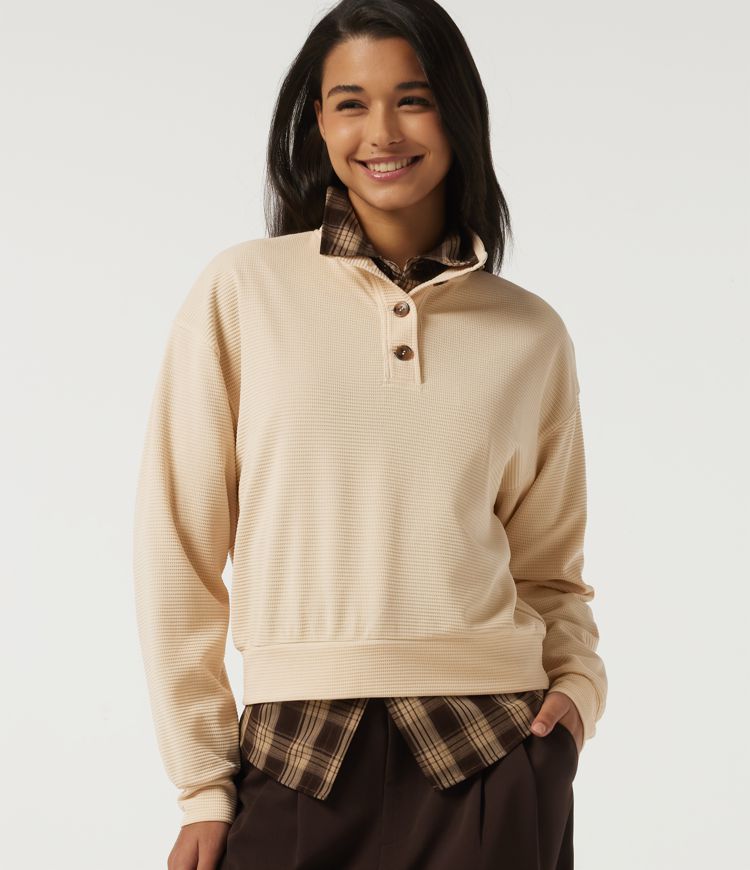 Mock Neck Long Sleeve Waffle Casual Sweatshirt