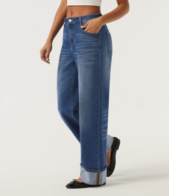 Lässige Baumwoll-Jeans mit mittlerer Bundhöhe, weitem Bein, umgeschlagenem Saum und Taschen Lässige Baumwoll-Jeans mit mittlerer Bundhöhe, weitem Bein, umgeschlagenem Saum und Taschen