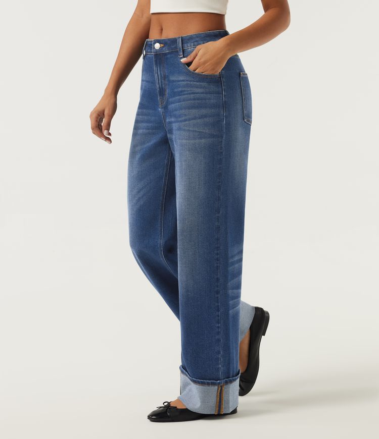 Lässige Baumwoll-Jeans mit mittlerer Bundhöhe, weitem Bein, umgeschlagenem Saum und Taschen Lässige Baumwoll-Jeans mit mittlerer Bundhöhe, weitem Bein, umgeschlagenem Saum und Taschen