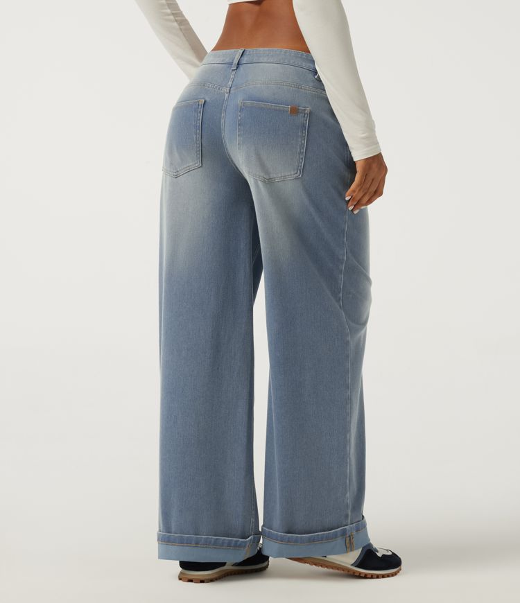 Blue Flower Denim Halara Flex™ - Lässige Baggy-Jeans mit niedrigem Bund, mehreren Taschen und gerolltem Saum / 2