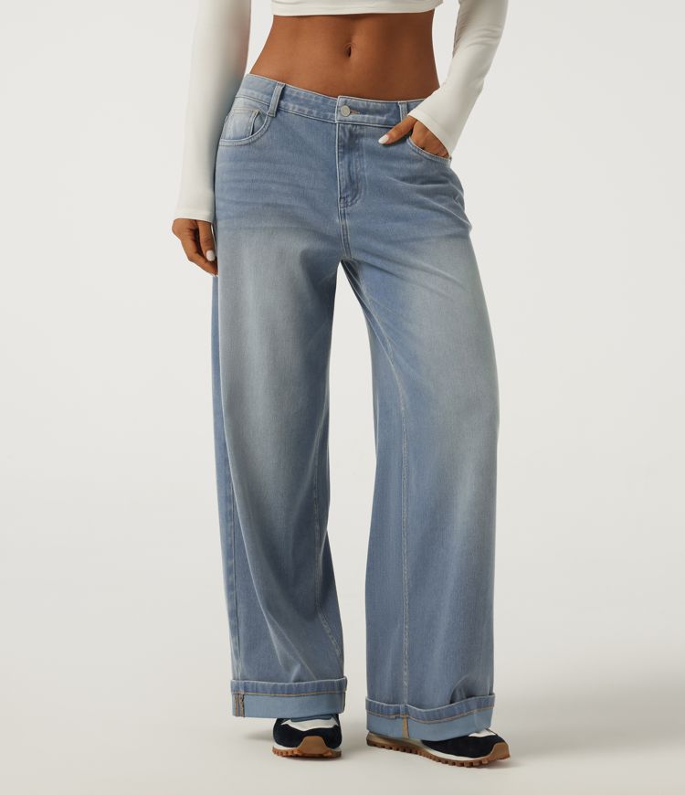 Halara Flex™ - Lässige Baggy-Jeans mit niedrigem Bund, mehreren Taschen und gerolltem Saum