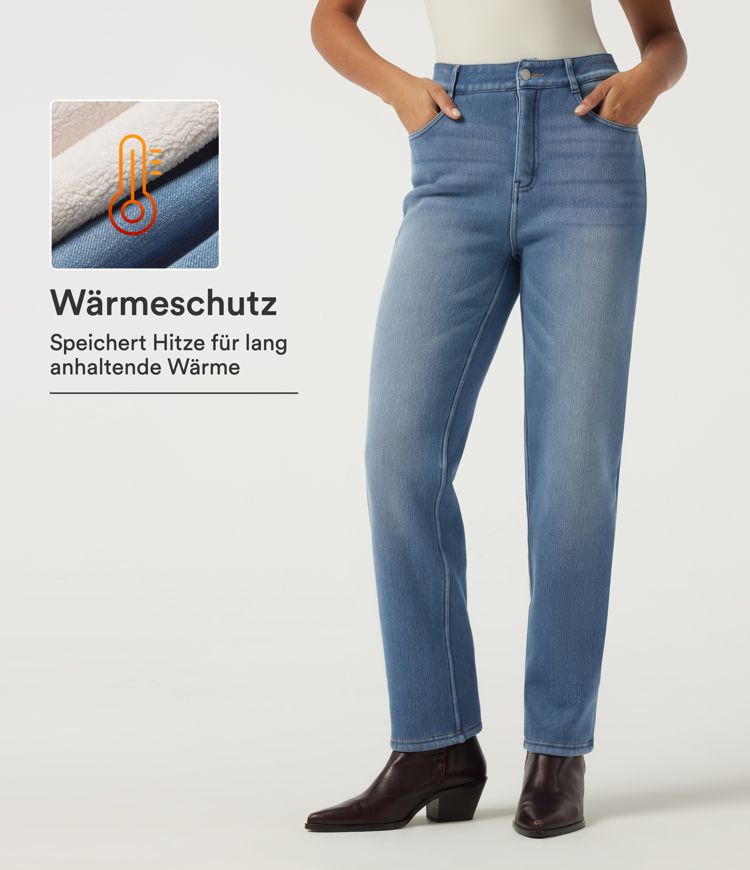 Lässige Fleece-Jeans mit hohem Bund, mehreren Taschen und geradem Bein