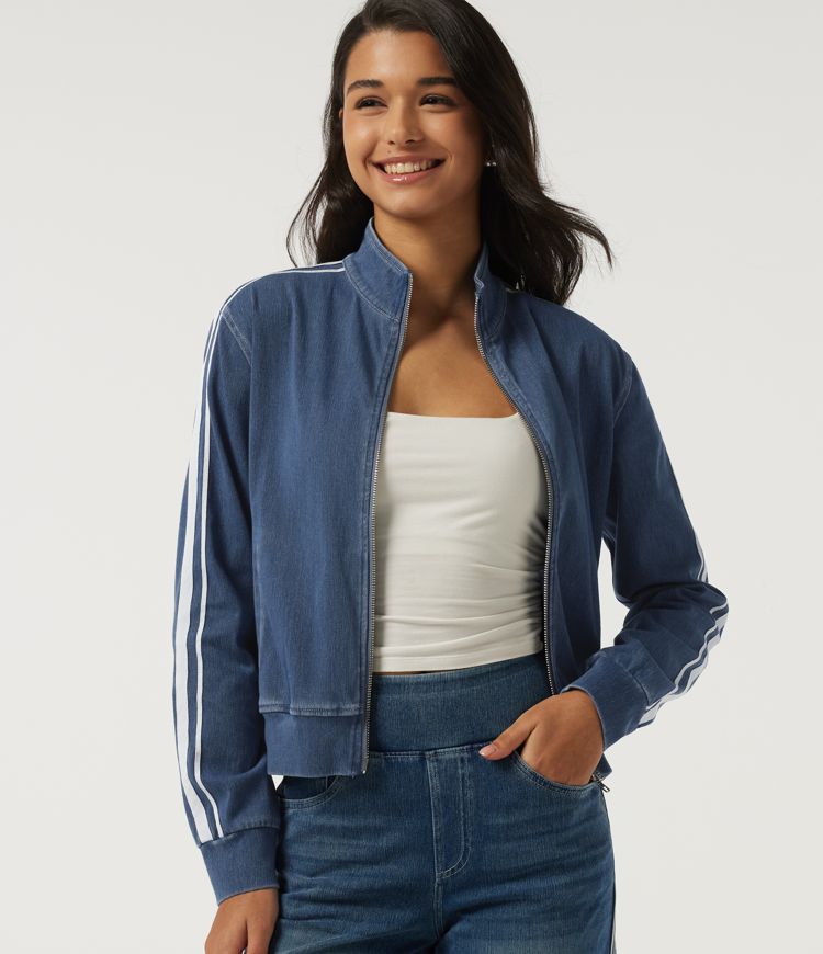 Halara Flex™ Denim Stand Collar Long Sleeve Embroidery Casual Jacket with Pockets