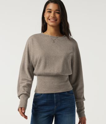 Top casual de punto acanalado con cuello redondo y mangas largas