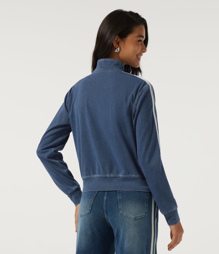 Tide Blue Denim Halara Flex™ Denim Stand Collar Long Sleeve Embroidery Casual Jacket with Pockets / 2