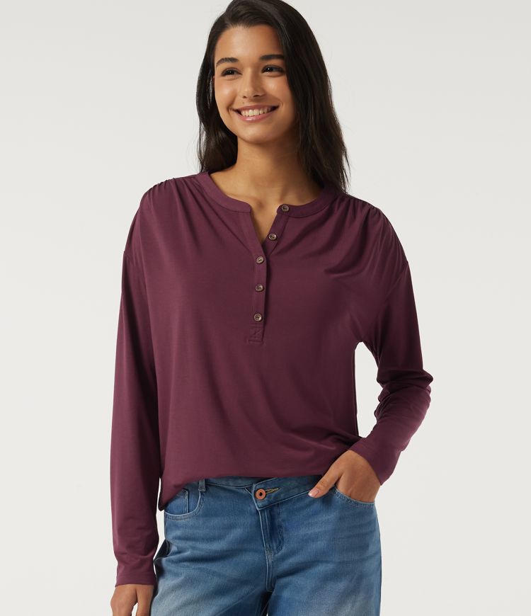 Henley Neck Long Sleeve Ruched Quick Dry Work Top