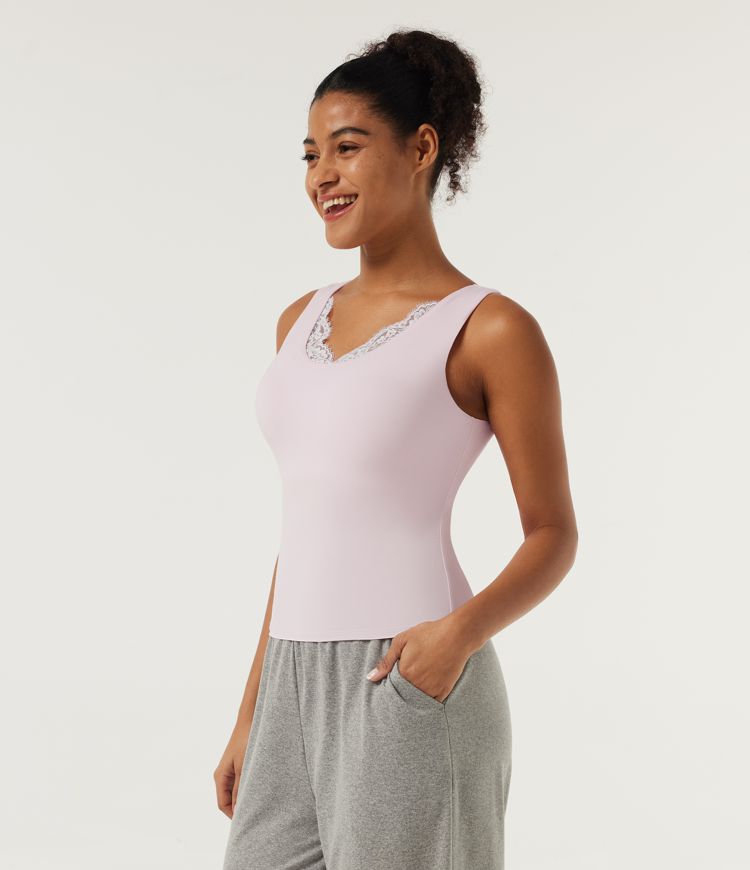 InstantCool U Neck Built-in Bra Contrast Lace Slim Lounge Tank Top InstantCool U Neck Built-in Bra Contrast Lace Slim Lounge Tank Top