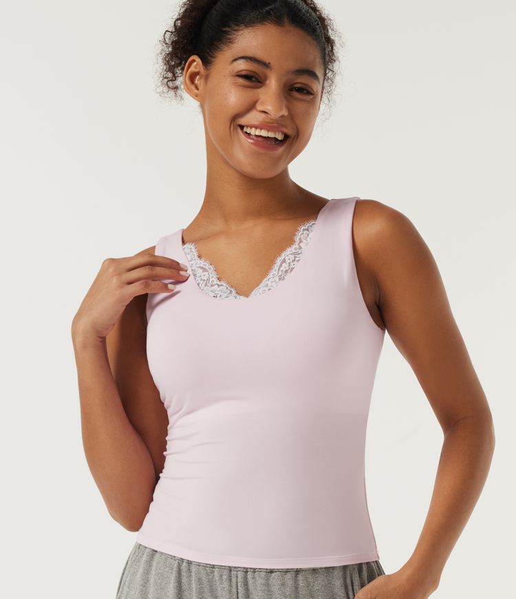 InstantCool U Neck Built-in Bra Contrast Lace Slim Lounge Tank Top InstantCool U Neck Built-in Bra Contrast Lace Slim Lounge Tank Top