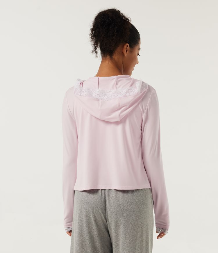 Parfait Pink Hooded Long Sleeve Contrast Lace Lounge Top / 2