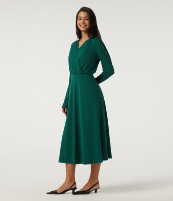 V Neck Long Sleeve Crossover A-Line Work Midi Dress with Pockets V Neck Long Sleeve Crossover A-Line Work Midi Dress with Pockets