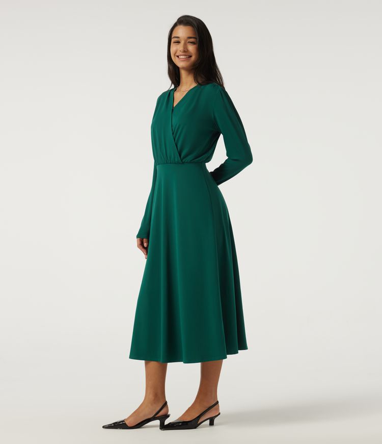 V Neck Long Sleeve Crossover A-Line Work Midi Dress with Pockets V Neck Long Sleeve Crossover A-Line Work Midi Dress with Pockets
