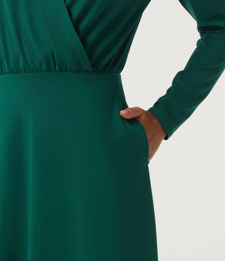 V Neck Long Sleeve Crossover A-Line Work Midi Dress with Pockets V Neck Long Sleeve Crossover A-Line Work Midi Dress with Pockets