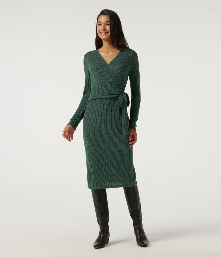 Robe midi moulante de bureau en maille côtelée à col V et manches longues