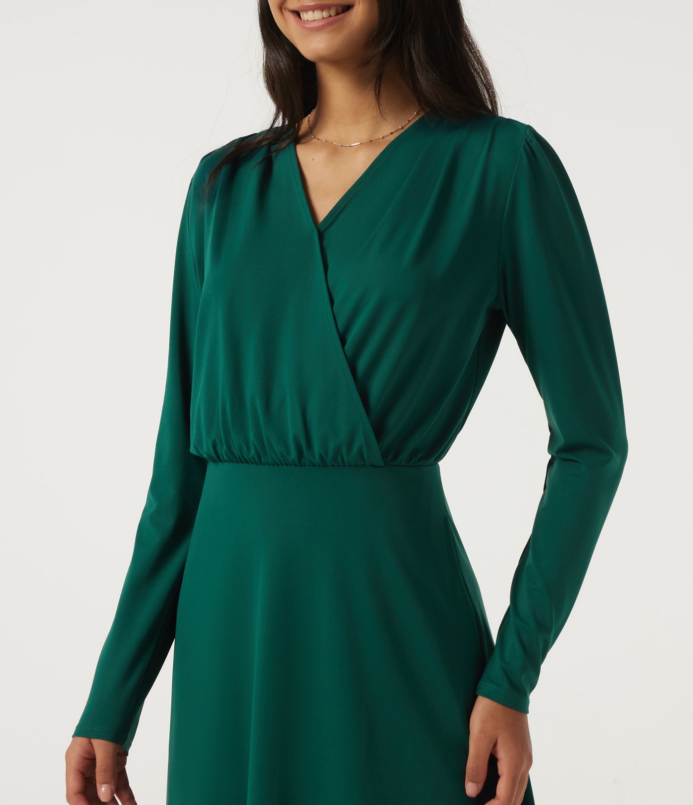 V Neck Long Sleeve Crossover A-Line Work Midi Dress with Pockets V Neck Long Sleeve Crossover A-Line Work Midi Dress with Pockets