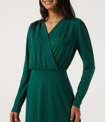 V Neck Long Sleeve Crossover A-Line Work Midi Dress with Pockets V Neck Long Sleeve Crossover A-Line Work Midi Dress with Pockets