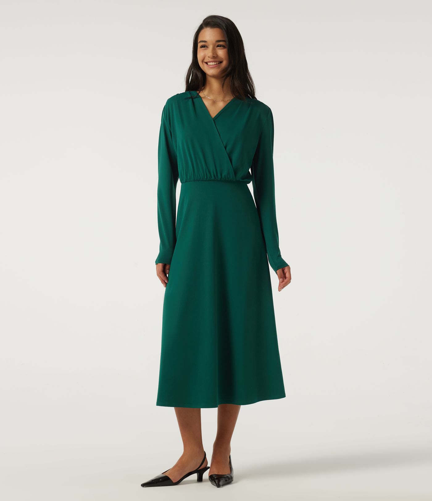 V Neck Long Sleeve Crossover A-Line Work Midi Dress with Pockets V Neck Long Sleeve Crossover A-Line Work Midi Dress with Pockets