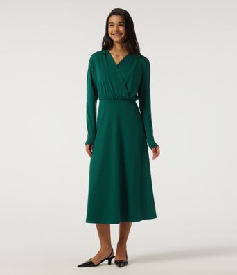 V Neck Long Sleeve Crossover A-Line Work Midi Dress with Pockets V Neck Long Sleeve Crossover A-Line Work Midi Dress with Pockets
