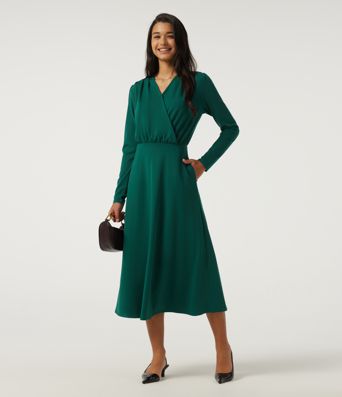 V Neck Long Sleeve Crossover A-Line Work Midi Dress with Pockets V Neck Long Sleeve Crossover A-Line Work Midi Dress with Pockets