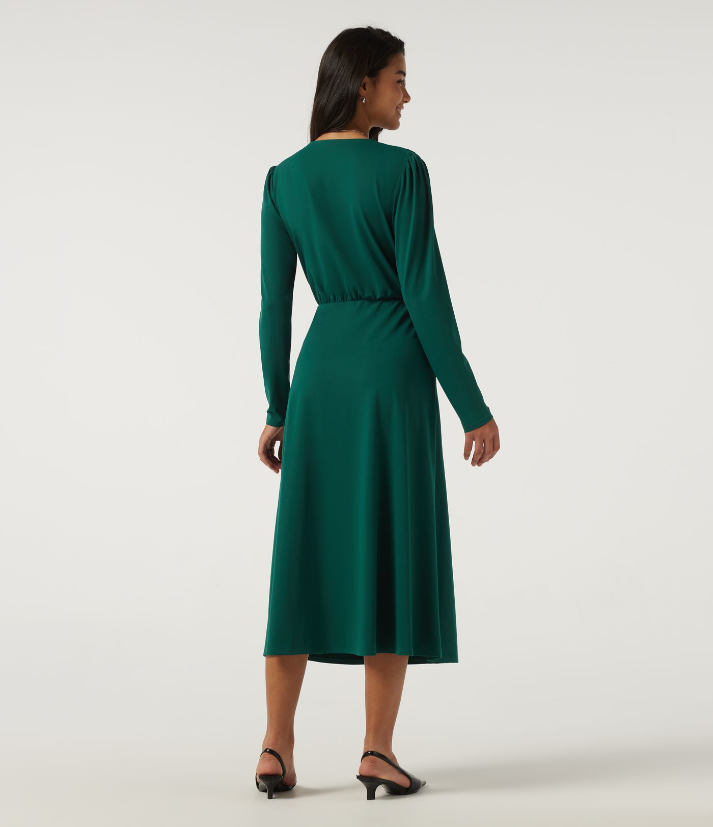 V Neck Long Sleeve Crossover A-Line Work Midi Dress with Pockets V Neck Long Sleeve Crossover A-Line Work Midi Dress with Pockets