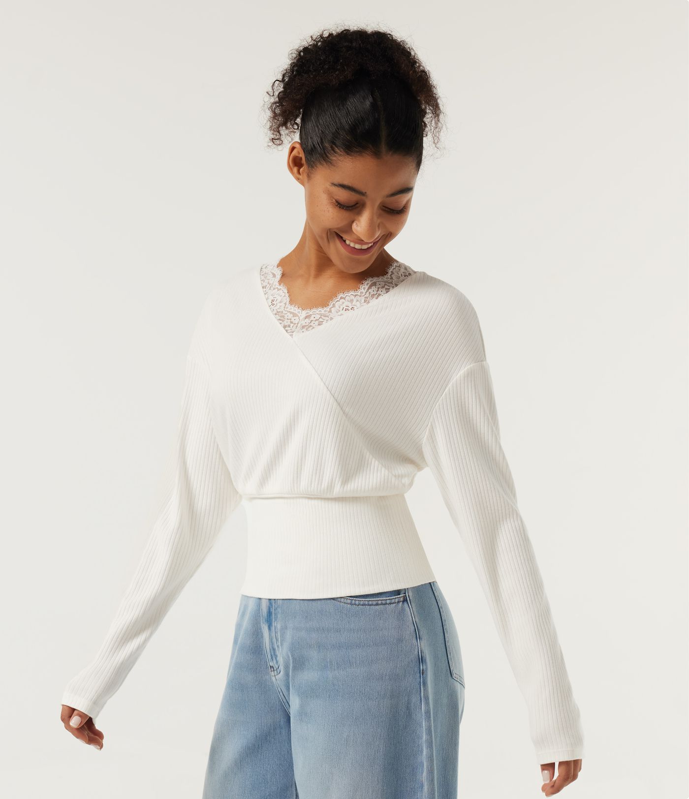 V Neck Long Sleeve Contrast Lace Casual Top