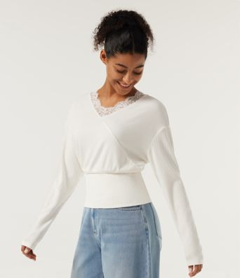 V Neck Long Sleeve Contrast Lace Casual Top