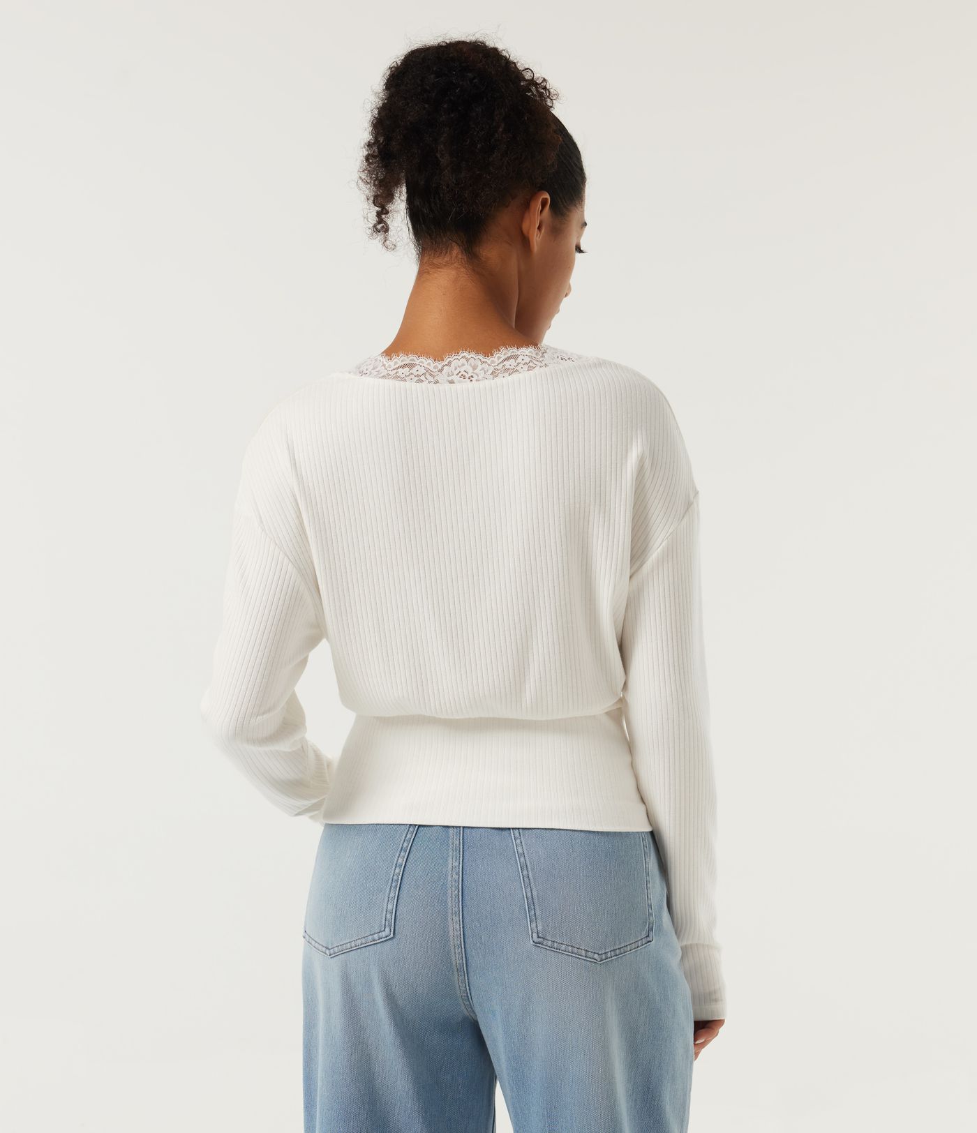 V Neck Long Sleeve Contrast Lace Casual Top