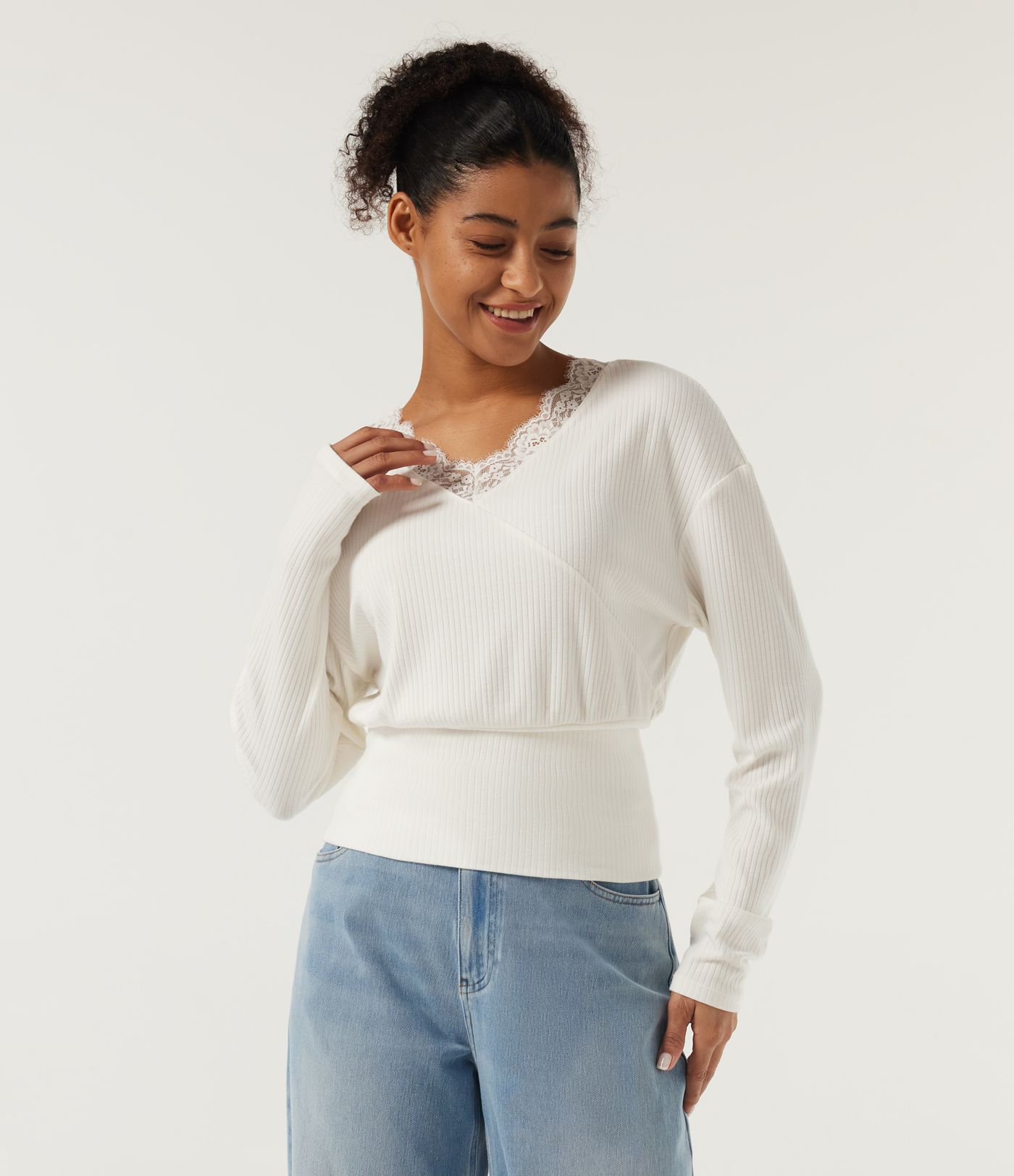 V Neck Long Sleeve Contrast Lace Casual Top