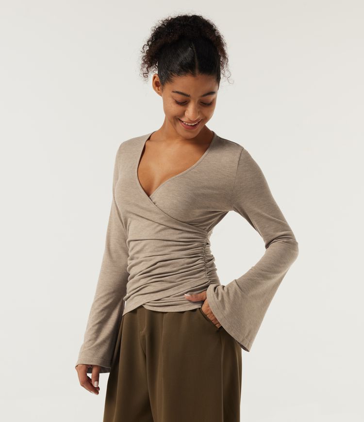 V Neck Flounce Long Sleeve Crossover Ruched Casual T-Shirt