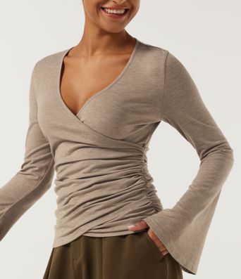 V Neck Flounce Long Sleeve Crossover Ruched Casual T-Shirt