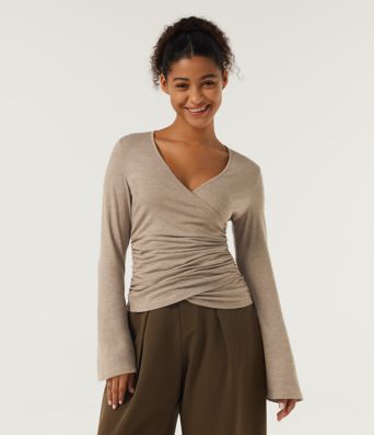 V Neck Flounce Long Sleeve Crossover Ruched Casual T-Shirt