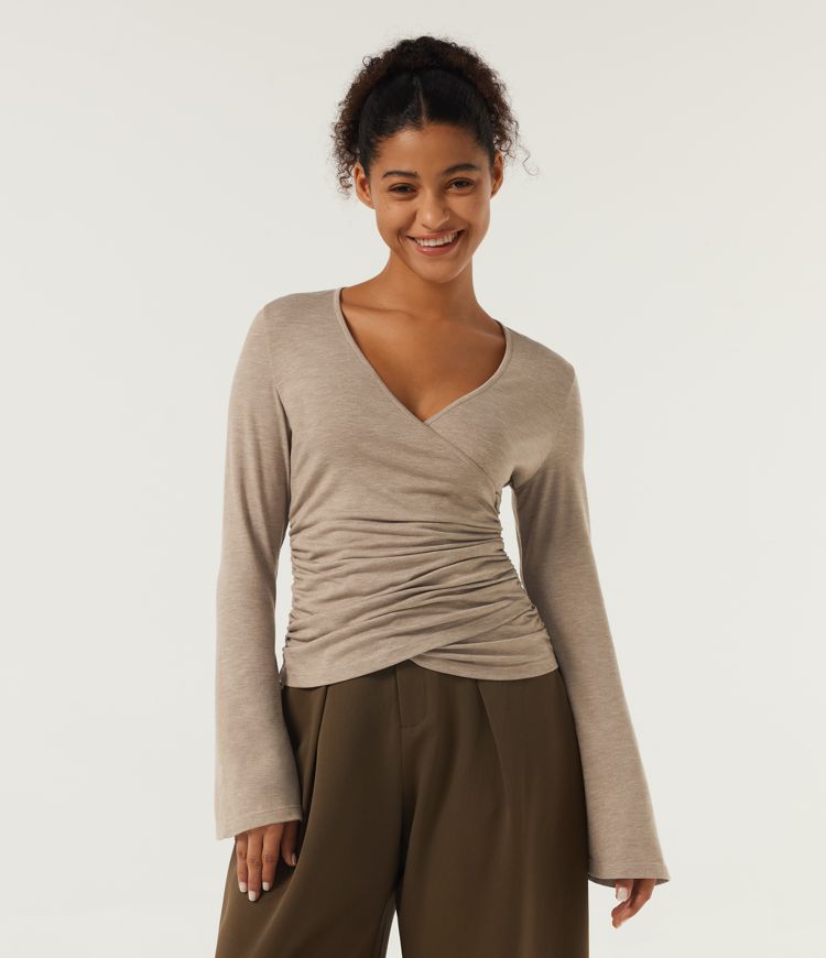 V Neck Flounce Long Sleeve Crossover Ruched Casual T-Shirt