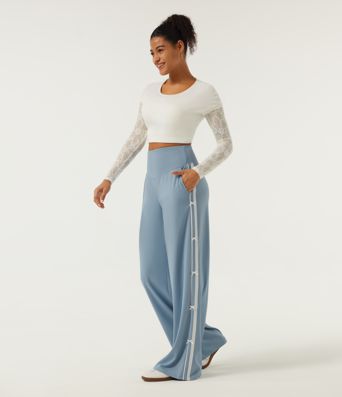 High Waisted Straight Leg Color Block Quick Dry Dance Pants with Pockets-UPF40+