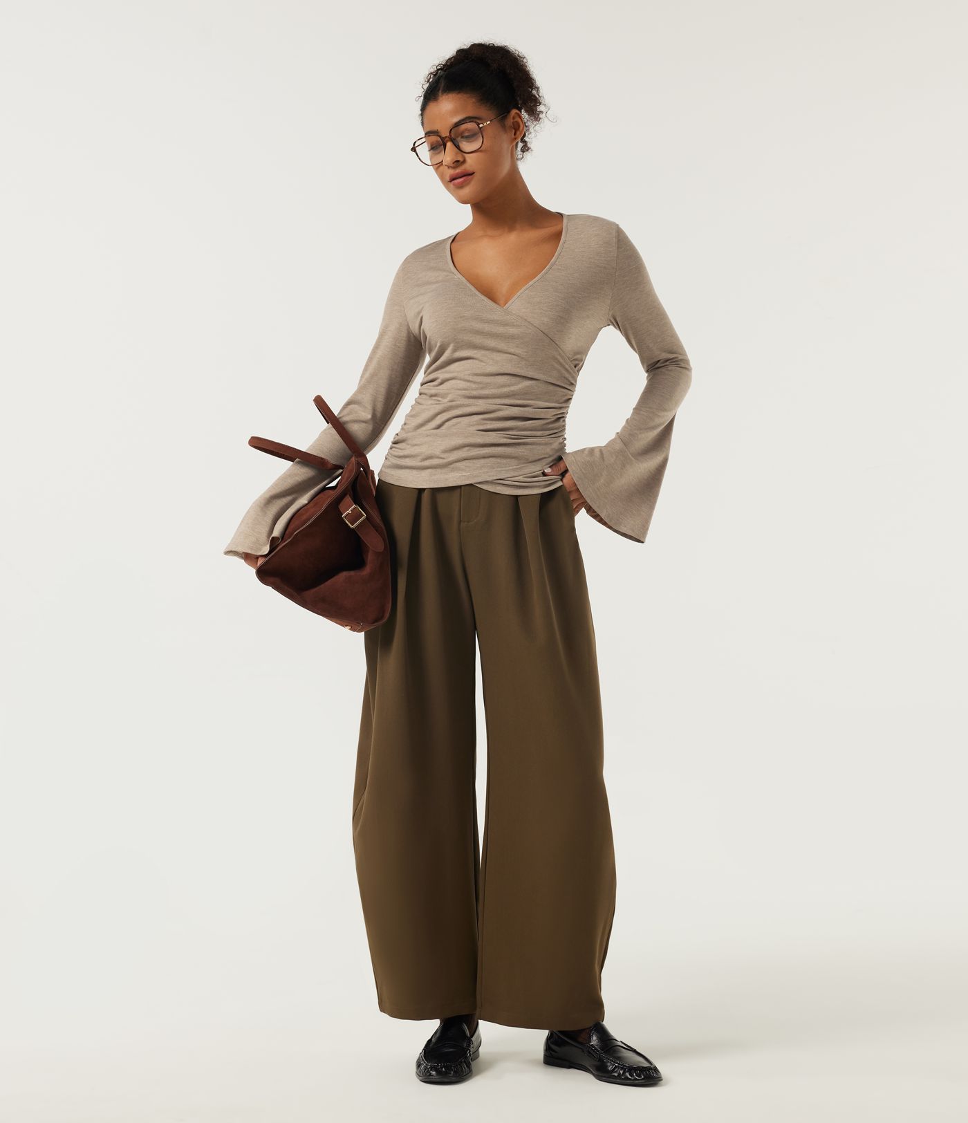 V Neck Flounce Long Sleeve Crossover Ruched Casual T-Shirt