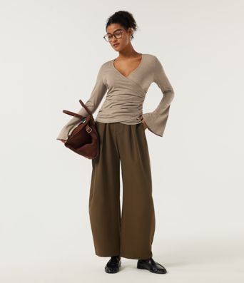 V Neck Flounce Long Sleeve Crossover Ruched Casual T-Shirt