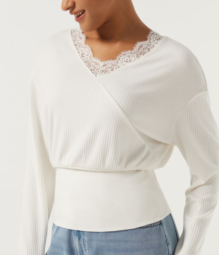 V Neck Long Sleeve Contrast Lace Casual Top
