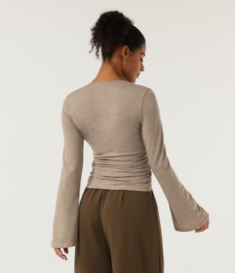 V Neck Flounce Long Sleeve Crossover Ruched Casual T-Shirt