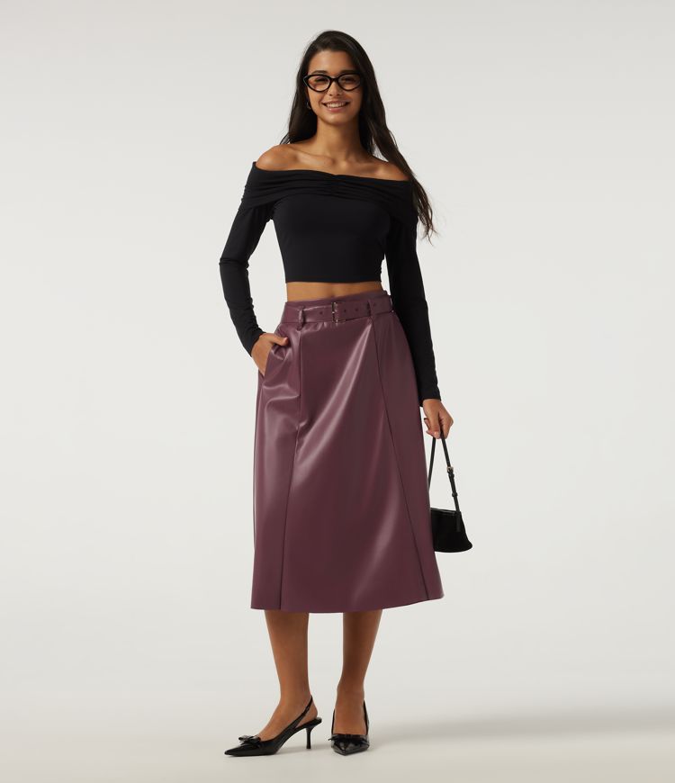 High Waisted A-Line Work Faux Leather Midi Skirt with Pockets