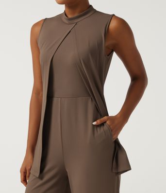 Mock Neck Split Sleeveless Straight Leg Party Jumpsuit with Pockets -Easy Peezy Edition