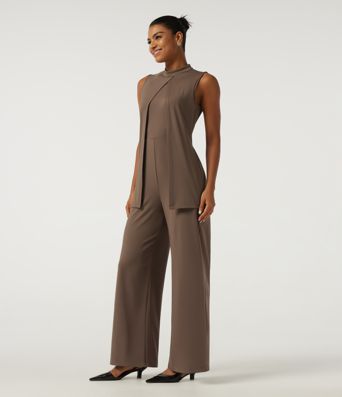 Mock Neck Split Sleeveless Straight Leg Party Jumpsuit with Pockets -Easy Peezy Edition