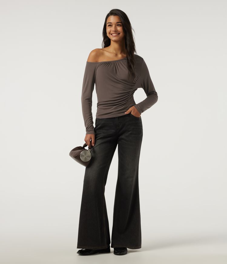 One Shoulder Long Sleeve Ruched Casual Top