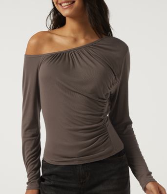 One Shoulder Long Sleeve Ruched Casual Top