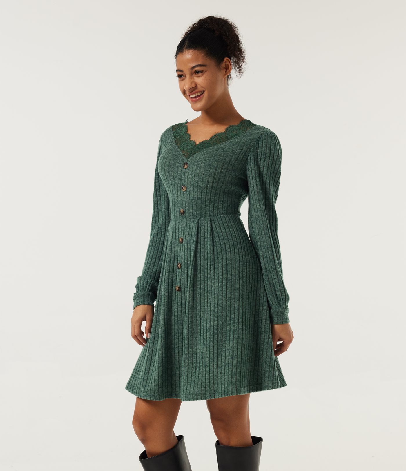 Ribbed Knit V Neck Long Sleeve Contrast Lace Mini Casual  Dress