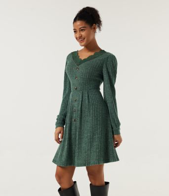 Ribbed Knit V Neck Long Sleeve Contrast Lace Mini Casual  Dress
