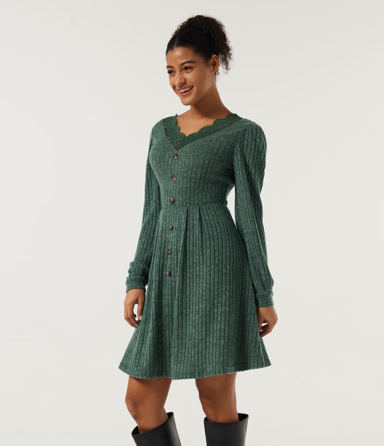 Ribbed Knit V Neck Long Sleeve Contrast Lace Mini Casual  Dress
