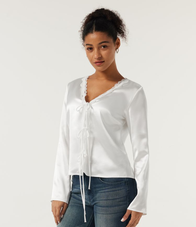 V Neck Long Sleeve Contrast Lace Resort Blouse