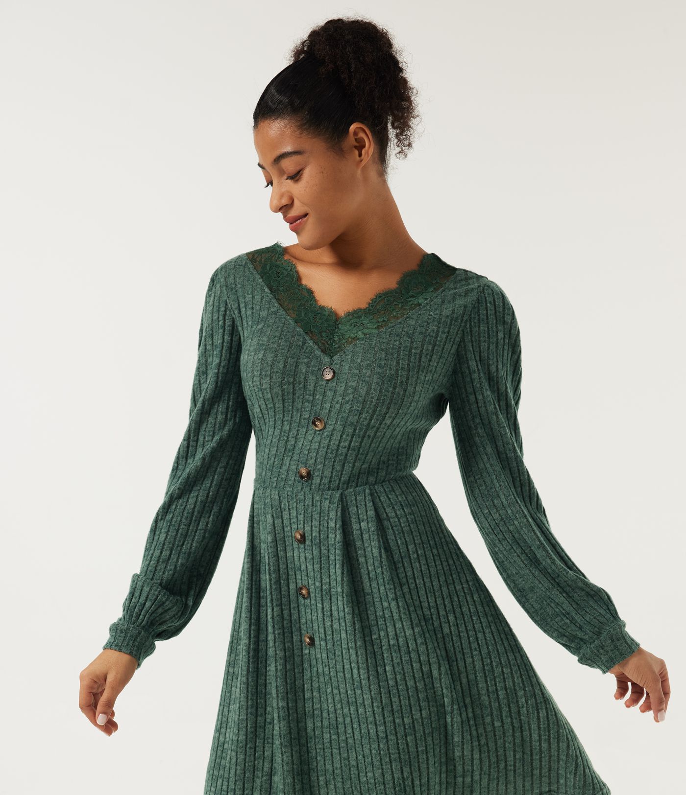 Ribbed Knit V Neck Long Sleeve Contrast Lace Mini Casual  Dress