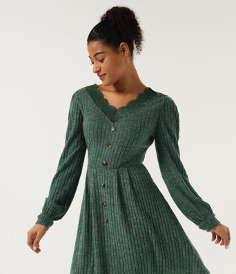 Ribbed Knit V Neck Long Sleeve Contrast Lace Mini Casual  Dress