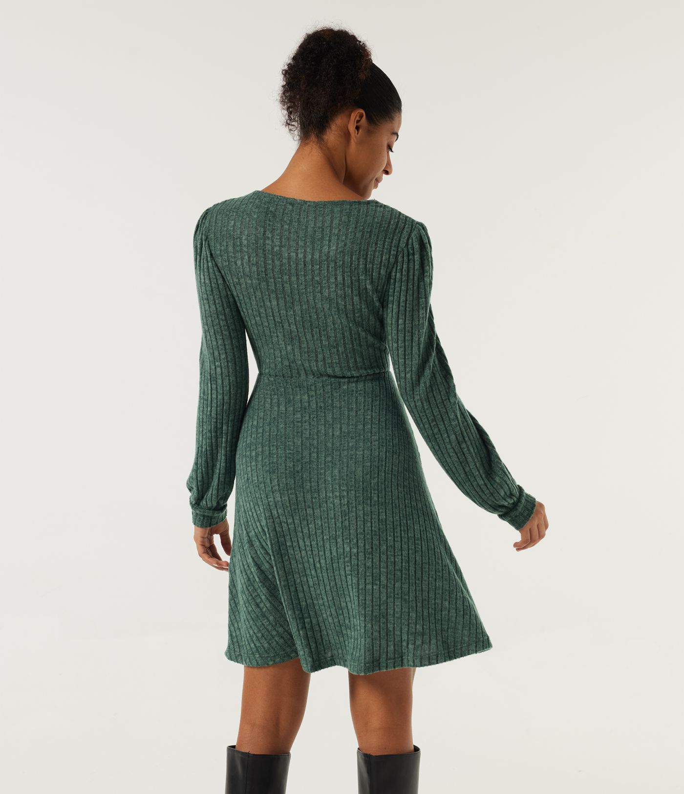 Ribbed Knit V Neck Long Sleeve Contrast Lace Mini Casual  Dress
