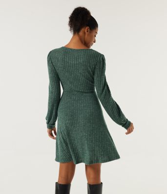 Ribbed Knit V Neck Long Sleeve Contrast Lace Mini Casual  Dress